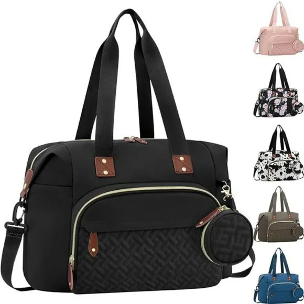 Black Diaper Bag Tote with Pacifier Case Insulated Pockets Travel Baby Hospital